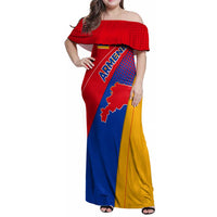 Armenia Flag Colors Family Matching Off Shoulder Maxi Dress and Hawaiian Shirt with National Emblem and Map Design - Wonder Print Shop