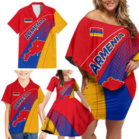 Armenia Flag Colors Family Matching Off Shoulder Short Dress and Hawaiian Shirt with National Emblem and Map Design - Wonder Print Shop