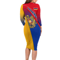 Armenia Flag Colors Long Sleeve Bodycon Dress with National Emblem and Map Design - Wonder Print Shop