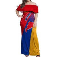 Armenia Flag Colors Off Shoulder Maxi Dress with National Emblem and Map Design - Wonder Print Shop
