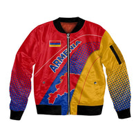 Armenia Flag Colors Sleeve Zip Bomber Jacket with National Emblem and Map Design - Wonder Print Shop