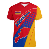 Armenia Flag Colors Women V-Neck T-Shirt with National Emblem and Map Design - Wonder Print Shop