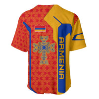 Armenia Flag-Inspired Baseball Jersey with Ornamental Cross and Geometric Pattern Design - Wonder Print Shop