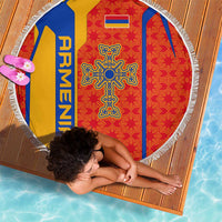 Armenia Flag-Inspired Beach Blanket with Ornamental Cross and Geometric Pattern Design - Wonder Print Shop