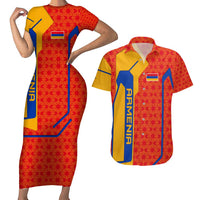 Armenia Flag-Inspired Couples Matching Short Sleeve Bodycon Dress and Hawaiian Shirt with Ornamental Cross and Geometric Pattern Design - Wonder Print Shop