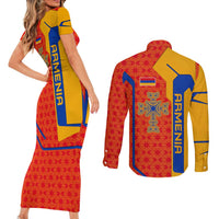 Armenia Flag-Inspired Couples Matching Short Sleeve Bodycon Dress and Long Sleeve Button Shirt with Ornamental Cross and Geometric Pattern Design - Wonder Print Shop