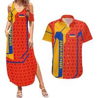 Armenia Flag-Inspired Couples Matching Summer Maxi Dress and Hawaiian Shirt with Ornamental Cross and Geometric Pattern Design - Wonder Print Shop