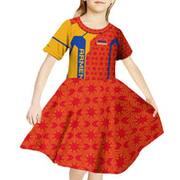 Armenia Flag-Inspired Kid Short Sleeve Dress with Ornamental Cross and Geometric Pattern Design - Wonder Print Shop