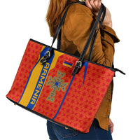Armenia Flag-Inspired Leather Tote Bag with Ornamental Cross and Geometric Pattern Design - Wonder Print Shop