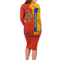 Armenia Flag-Inspired Long Sleeve Bodycon Dress with Ornamental Cross and Geometric Pattern Design - Wonder Print Shop