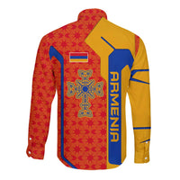 Armenia Flag-Inspired Long Sleeve Button Shirt with Ornamental Cross and Geometric Pattern Design - Wonder Print Shop