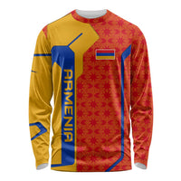 Armenia Flag-Inspired Long Sleeve Shirt with Ornamental Cross and Geometric Pattern Design - Wonder Print Shop