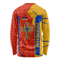 Armenia Flag-Inspired Long Sleeve Shirt with Ornamental Cross and Geometric Pattern Design - Wonder Print Shop