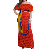 Armenia Flag-Inspired Off Shoulder Maxi Dress with Ornamental Cross and Geometric Pattern Design - Wonder Print Shop