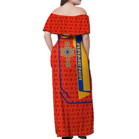 Armenia Flag-Inspired Off Shoulder Maxi Dress with Ornamental Cross and Geometric Pattern Design - Wonder Print Shop