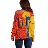 Armenia Flag-Inspired Off Shoulder Sweater with Ornamental Cross and Geometric Pattern Design - Wonder Print Shop