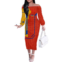 Armenia Flag-Inspired Off The Shoulder Long Sleeve Dress with Ornamental Cross and Geometric Pattern Design - Wonder Print Shop