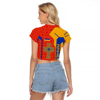 Armenia Flag-Inspired Raglan Cropped T Shirt with Ornamental Cross and Geometric Pattern Design - Wonder Print Shop
