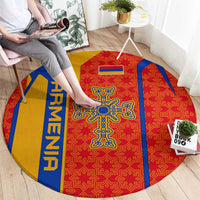 Armenia Flag-Inspired Round Carpet with Ornamental Cross and Geometric Pattern Design - Wonder Print Shop