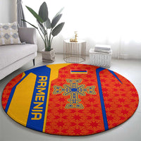 Armenia Flag-Inspired Round Carpet with Ornamental Cross and Geometric Pattern Design - Wonder Print Shop