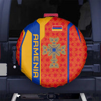 Armenia Flag-Inspired Spare Tire Cover with Ornamental Cross and Geometric Pattern Design - Wonder Print Shop