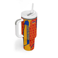 Armenia Flag-Inspired Tumbler With Handle with Ornamental Cross and Geometric Pattern Design - Wonder Print Shop