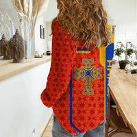 Armenia Flag-Inspired Women Casual Shirt with Ornamental Cross and Geometric Pattern Design - Wonder Print Shop