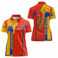 Armenia Flag-Inspired Women Polo Shirt with Ornamental Cross and Geometric Pattern Design - Wonder Print Shop