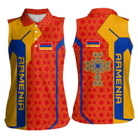 Armenia Flag-Inspired Women Sleeveless Polo Shirt with Ornamental Cross and Geometric Pattern Design - Wonder Print Shop
