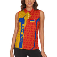 Armenia Flag-Inspired Women Sleeveless Polo Shirt with Ornamental Cross and Geometric Pattern Design - Wonder Print Shop