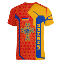 Armenia Flag-Inspired Women V-Neck T-Shirt with Ornamental Cross and Geometric Pattern Design - Wonder Print Shop