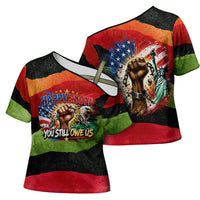 Happy 250th You Still Owe Us Black Pride Cross Shoulder Shirt Pan African Flag Broken Chains - Statue Of Liberty