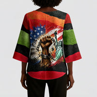 Happy 250th You Still Owe Us Black Pride Kimono Sleeve Blouse Pan African Flag Broken Chains - Statue Of Liberty