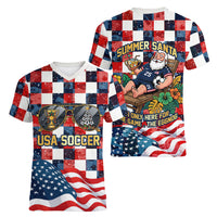 USA Soccer Summer Christmas In July Women V-Neck T-Shirt Summer Santa World Football 2026
