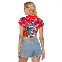 Christmas In July USA Soccer Raglan Cropped T Shirt Surfing Santa Flamingo Summer Watermelon
