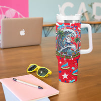 Christmas In July USA Soccer Tumbler With Handle Surfing Santa Flamingo Summer Watermelon