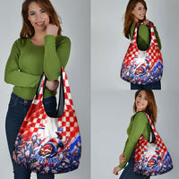 Personalized Croatia Marten Soccer 2026 Grocery Bag Football Grunge Checkerboard Croatian Iris Floral