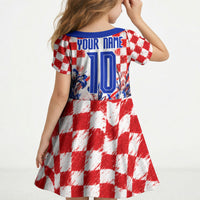 Personalized Croatia Marten Soccer 2026 Kid Short Sleeve Dress Football Grunge Checkerboard Croatian Iris Floral
