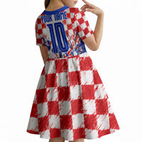 Personalized Croatia Marten Soccer 2026 Kid Short Sleeve Dress Football Grunge Checkerboard Croatian Iris Floral
