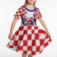 Personalized Croatia Marten Soccer 2026 Kid Short Sleeve Dress Football Grunge Checkerboard Croatian Iris Floral