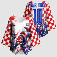 Personalized Croatia Marten Soccer 2026 Kimono Sleeve Blouse Football Grunge Checkerboard Croatian Iris Floral