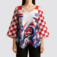 Personalized Croatia Marten Soccer 2026 Kimono Sleeve Blouse Football Grunge Checkerboard Croatian Iris Floral