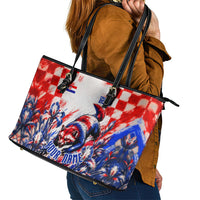 Personalized Croatia Marten Soccer 2026 Leather Tote Bag Football Grunge Checkerboard Croatian Iris Floral