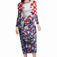 Personalized Croatia Marten Soccer 2026 Long Sleeve Bodycon Dress Football Grunge Checkerboard Croatian Iris Floral