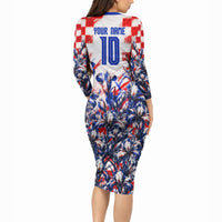 Personalized Croatia Marten Soccer 2026 Long Sleeve Bodycon Dress Football Grunge Checkerboard Croatian Iris Floral