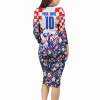 Personalized Croatia Marten Soccer 2026 Long Sleeve Bodycon Dress Football Grunge Checkerboard Croatian Iris Floral
