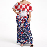 Personalized Croatia Marten Soccer 2026 Off Shoulder Maxi Dress Football Grunge Checkerboard Croatian Iris Floral