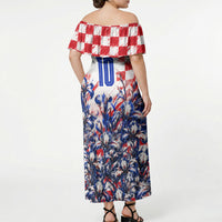 Personalized Croatia Marten Soccer 2026 Off Shoulder Maxi Dress Football Grunge Checkerboard Croatian Iris Floral