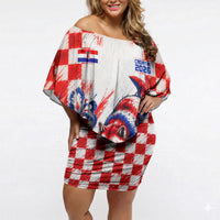 Personalized Croatia Marten Soccer 2026 Off Shoulder Short Dress Football Grunge Checkerboard Croatian Iris Floral