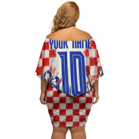 Personalized Croatia Marten Soccer 2026 Off Shoulder Short Dress Football Grunge Checkerboard Croatian Iris Floral